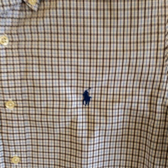 POLO RALPH LAUREN MENS CASUAL BUTTON DOWN SHIRT STRIPED BROWN BLUE WHITE SIZE M - Picture 2 of 5